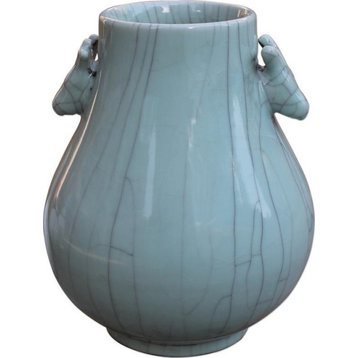 Vase Double Ear Large Crackle Celadon Green Varying Handmade Ha