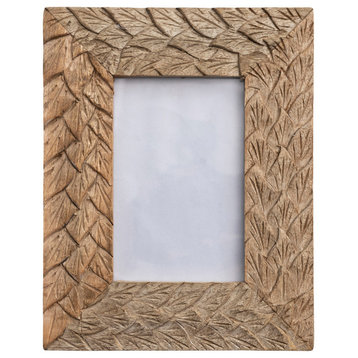 Boho Wood Photo Frame with Carved Feather Design, Natural