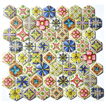 Glass Mosaic Tile Sheet Fiori Hexagon 1.5" Multicolor Pattern