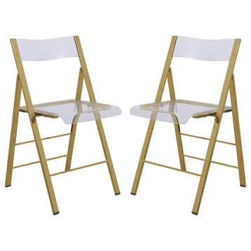 LeisureMod Menno Clear Acrylic Dining Folding Chair With Gold Base, Set of 2
