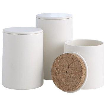 Matte White Tile Block Canister Jar Designer Ceramic Cork Seal, 3-Piece Set