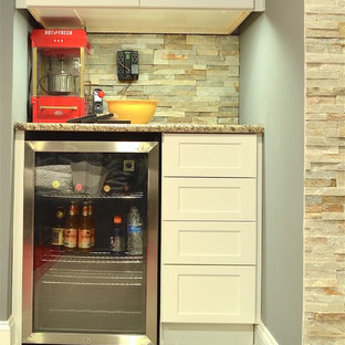 Medium sized classic enclosed home cinema in Philadelphia with grey walls, ceramic flooring and a projector screen.