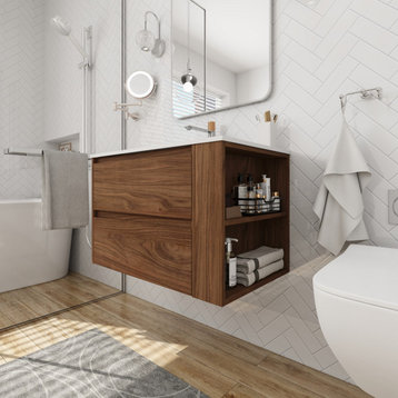 BNK Single Sink Bathroom Vanity with Soft Close Drawers and Adjustable Shelf, Brown-30 Inch