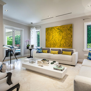 Foto på ett stort funkis separat vardagsrum, med ett finrum, marmorgolv och grå väggar