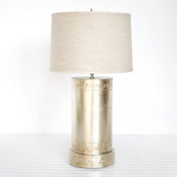 Tole Greek Key Canister Lamp Base, Silver Leafed - Lamp Bases