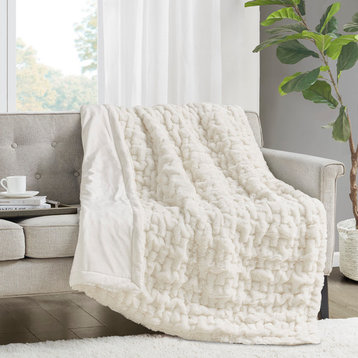 Madison Park Ruched Fur Throw, Ivory