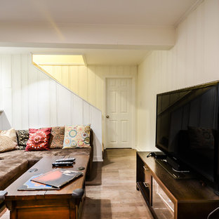 Large classic walk-out basement in DC Metro with white walls, cork flooring and no fireplace.