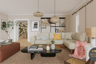 Diseño de salón abierto y beige y blanco ecléctico de tamaño medio sin chimenea y televisor con paredes beige, suelo de madera clara, suelo beige y papel pintado