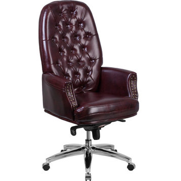 High Back Tufted Leatherette Multifunction Executive Chair With Arms, Burgundy