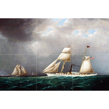 Tile Mural Seascape American Sailing Yacht in the Emerald Sea, Marble