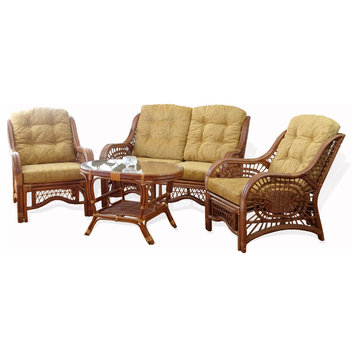 Malibu Set of 2 Rattan Wicker Chairs, Loveseat and Coffee Table, Colonial, Light