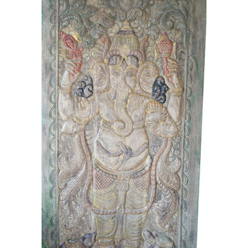 Consigned Blessing Ganesha Barn Door, Wall Sculpture, Carved India Sliding Door