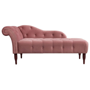 Mid Century Chaise Lounge, Elegant Arm with Ash Rose Button & Tufted Upholstery
