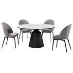 Armen Living - Knox Sunny 5 Piece Dining Set With Gray Fabric Chairs - Add a stylish dining set to your dining room or kitchen with the Knox Sunny 5-piece dining set. The refined and distinctive silhouette of the dining table attains a statement-making appeal in any room. It features a perfectly rounded tabletop perched upon an eye-catching pedestal base. Its sintered stone tabletop depicts the graceful and natural textures of white marble to add a polished touch to your casual or formal meals. This tabletop is resistant to etching, scratches, burns, and stains as a durable yet elegant alternative to quartz. It is perched upon a black metal base to attain contrast and a versatile appeal. The soft curves of the wrap-around back of this dining chair highlight the thin tapered legs, inviting you to linger at the dining table for as long as you want. Soft, rounded edges give these chairs a sculptural aesthetic that makes them a welcome addition to your home. The foam-padded cushion is pleasantly comfortable and will keep you relaxed while you stay seated. This 5-piece dining set is ideal for any home and is constructed from high quality materials to last for many years to come. The Knox dining table is 55" in diameter and can easily seat more guests if needed, it features a modern white stone top and black metal base to compliment the black metal legs of the Sunny dining chairs that come in durable gray fabric upholstery.