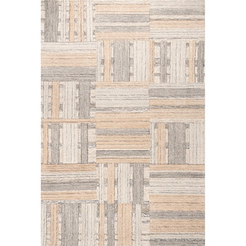 Arvin Olano x RugsUSA Deco Striped Tile Wool Area Rug, Beige 8' x 10'