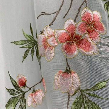 QYHL226J Silver Beach Embroidered Peach Blossom Faux Silk Curtains