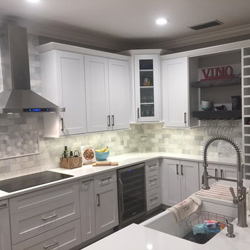 White Kitchen with Rustic Oak Island