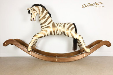 Handpainted Vintage Rocking Horse with Zebra-striped motif