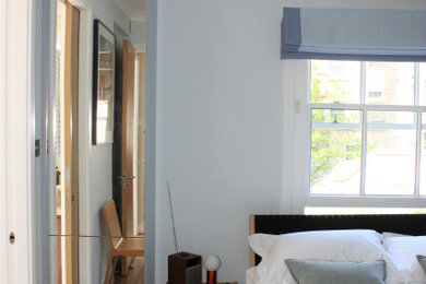 Diseño de dormitorio principal escandinavo de tamaño medio con paredes azules y suelo de madera en tonos medios