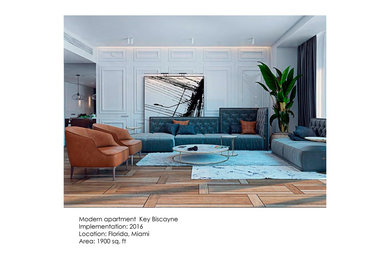 Imagen de salón para visitas tipo loft costero de tamaño medio sin chimenea con paredes blancas, suelo de madera en tonos medios y televisor colgado en la pared
