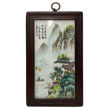 Chinese Wood Frame Porcelain Mountain Tree Scenery Wall Plaque Panel Hws3398