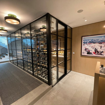 Contemporary Wine Room with Metal Racks in Framed Glass Enclosure