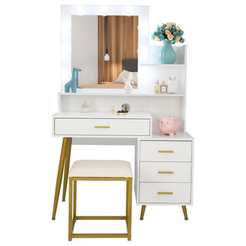 Vanity Set, Padded Stool & Table With Golden Hardware & Lighted Mirror, White