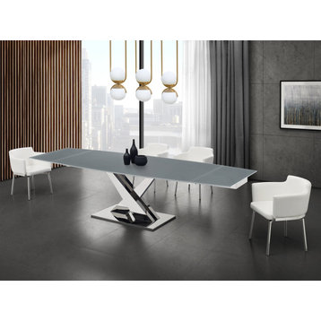 X Base Manual Dining Table with Stainless Base and Gray Top