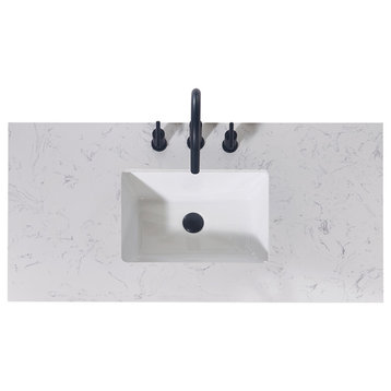 Merano Engineered Stone Vanity Top, Aosta White Apron With White Sink, 42"
