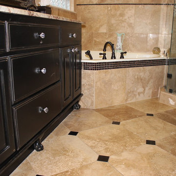 Master Bathroom Travertine, Pebble and Glass