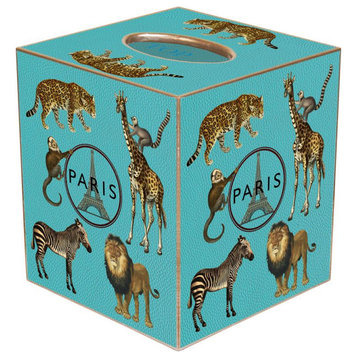 Paris Jungle Turquoise Tissue Box Cover Vintage Animals with Eiffel Tower