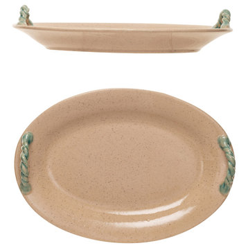 Oval Terra-cotta Platter With Hand-Painted Braided Handles, Cream and Blue