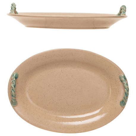 Oval Terra-cotta Platter With Hand-Painted Braided Handles, Cream and Blue