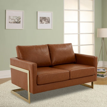 LeisureMod Lincoln Modern Leather Loveseat With Gold Frame, Cognac Tan