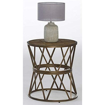Industrial End Table, Antique Gold Geometric Metal Base With Round Wooden Top
