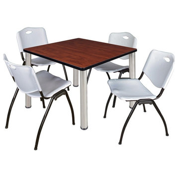 Kee 36" Square Breakroom Table, Cherry, Chrome and 4 'M' Stack Chairs, Gray