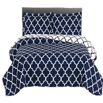 Meridian Oversized Reversible Printed Coverlet Set, Navy and White, Full/Queen