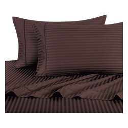 Royal Tradition - 600TC 100% Long Staple Cotton Stripe Sheet Set, Chocolate, Queen - Sheet And Pillowcase Sets