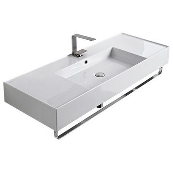 48" Ceramic Wall Mount Sink With Counter Space With Towel Bar, 1-Hole
