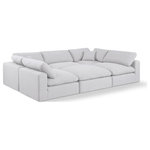 Meridian Furniture - Comfy Upholstered U-Shaped Modular Sectional, White, 6-Piece: 3 Armless Chair, 2 Corner Chair, 1 Ottoman, Linen Textured Fabric - Give your space a whole new look with this white Comfy linen textured fabric sectional. This handsome sectional fits nicely with other items in the Comfy collection and is a versatile seating option designed for adaptability, comfort and style. Wrapped in rich white durable linen textured fabric upholstery, this sectional offers a plush embrace of overstuffed down feather cushions, carefully crafted to deliver the highest level of comfort. The perfect seat for creating an oasis for relaxation, this sectional has thick foam surrounding its frame for added support and coziness.