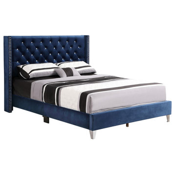 Julie Navy Blue Tufted Upholstered Low Profile Queen Panel Bed
