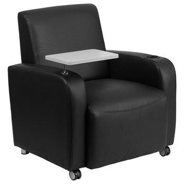 Black Leather Guest Chair with Tablet Arm, Front Wheel Casters and Cup Holder