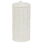 Household Essentials - Wicker Toilet Paper Holder With Lid - This attractive wicker toilet paper holder with lid adds storage, organization and style to any bathroom. The holder is made of a sturdy painted steel wire frame with a handwoven paper rope exterior. The paper rope gives the organizer the look of wicker, but in a material that is much softer while still being durable. The paper rope is coated to add additional strength and protection against moisture. The white paper rope gives this organizer a classic, neutral design that suits any decor. The holder has a metal pole in the center to keep rolls inside stable and centered. The holder is wide enough in diameter to accommodate large rolls of toilet paper up to 7" in diameter without having the rolls catch or tear on the sides of the organizer. The holder is tall enough to hold up to 4 rolls of toilet paper at a time. The holder's lid fits tightly and securely, keeping the rolls out of sight and safe from the prying hands of children or pets. To clean the organizer, dust with compressed air. Handwoven materials may vary slightly in color or size. No assembly required. Includes 1-year warranty and customer service assistance from Household Essentials.