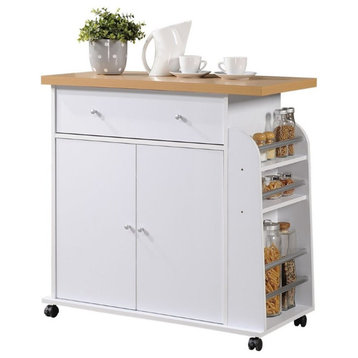 Pemberly Row Contemporary Wood Kitchen Cart with Spice Rack in White