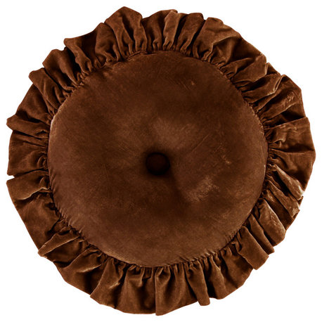 Stella Faux Silk Velvet Ruffled Round Pillow, 18", Copper Brown