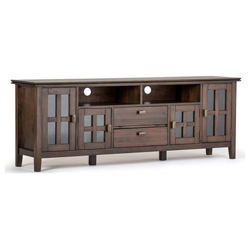 Contemporary TV Stand, Elegant Window Style Cabinet Doors, Natural Aged Brown