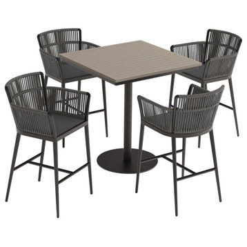 Travira 5-Piece 36" Square Bar Table and Nette Bar Chairs Set, Carbon, Ninja, Pe
