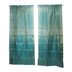 Mogul Interior - 2 Turquoise Sari Curtain Window Treatment Rod Pocket Drape 9 - Curtains