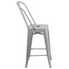 MFO 24'' High Silver Metal Indoor-Outdoor Counter Height Stool with Back