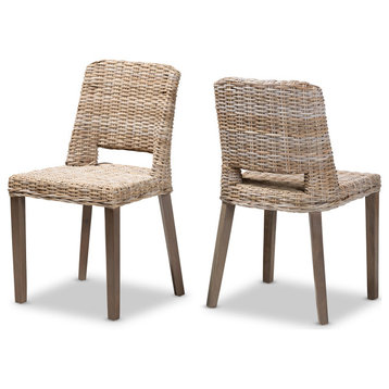 Magy Bohemian Grey Rattan and Natural Brown Finish Wood 2-Piece Dining Chair Set